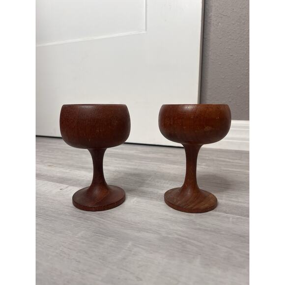 Vintage Teak Carved Stem Cups Mid Century Modern Set of 2 - Picture 10 of 10